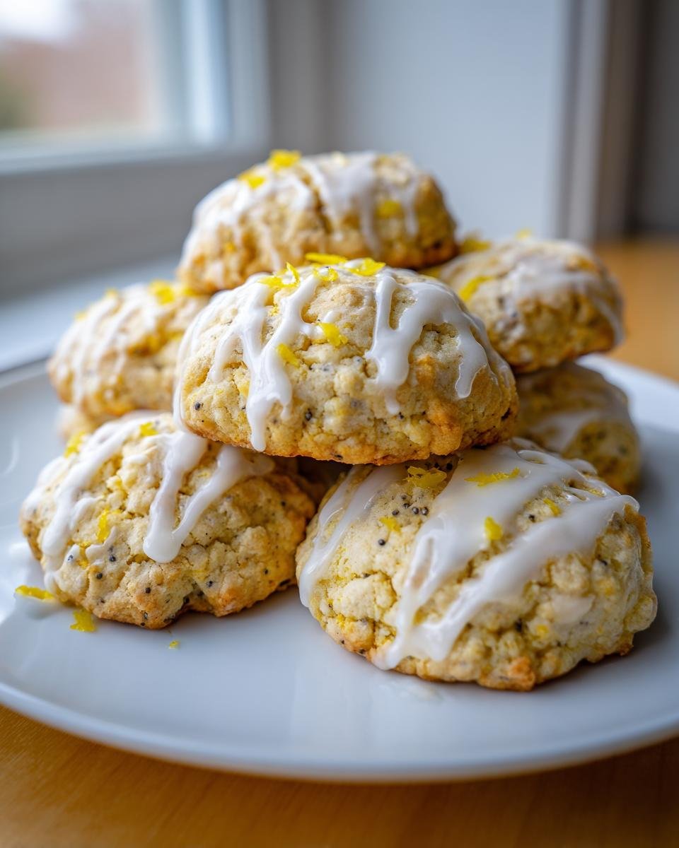 A stack of freshly baked Lemon Poppy Seed Cookies drizzled with white glaze and topped with lemon zest.