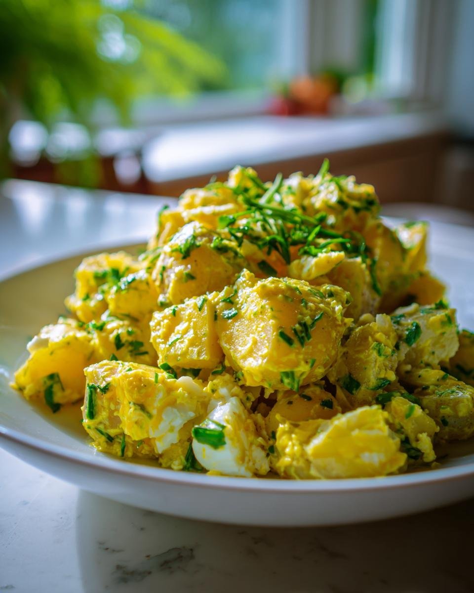 Close-up of bright yellow Lemon Potato Salad chunks mixed with chopped eggs and fresh chives.
