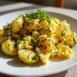 A close-up of bright yellow Lemon Potato Salad mixed with chopped eggs and fresh parsley on a white plate.