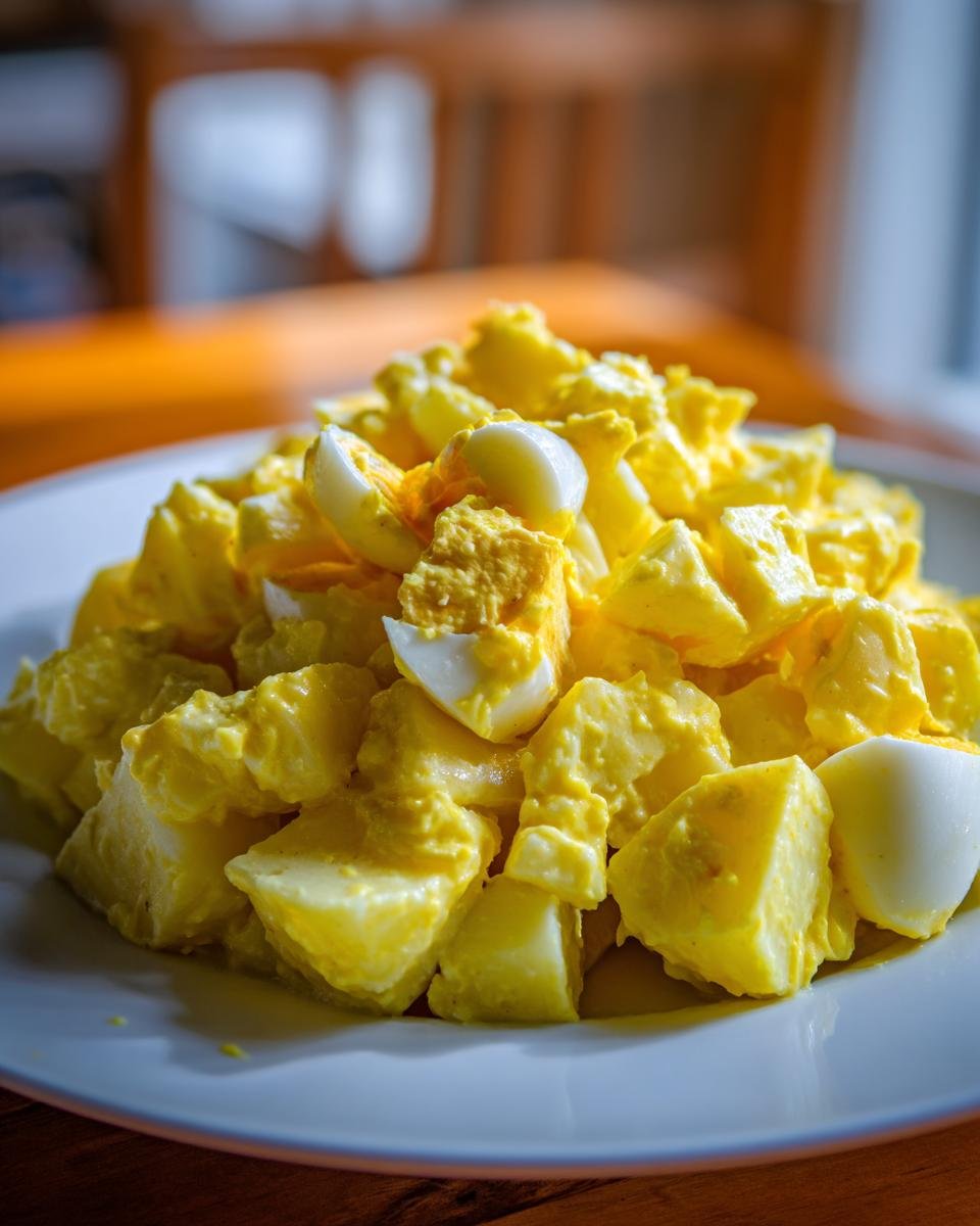 A close-up of a mound of vibrant yellow Lemon Potato Salad mixed with chunks of hard-boiled eggs on a white plate.