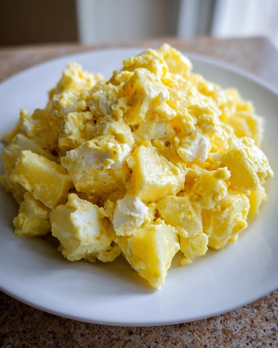 Close-up of a serving of bright yellow Lemon Potato Salad with visible chunks of potato and creamy dressing on a white plate.