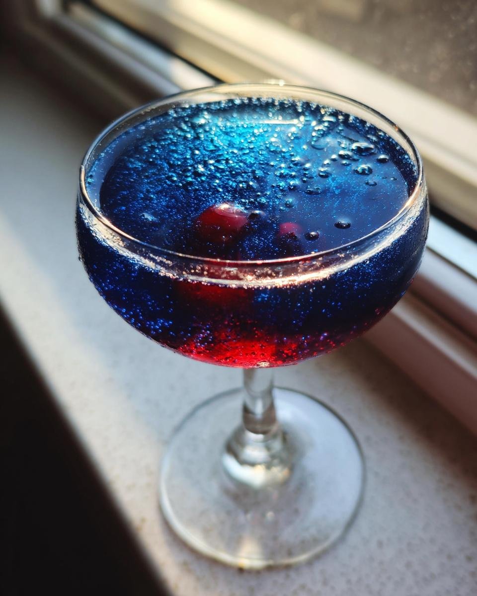 Close-up of a vibrant, layered blue and red Love Potion 9 Cocktail with bubbles in a coupe glass by a window.