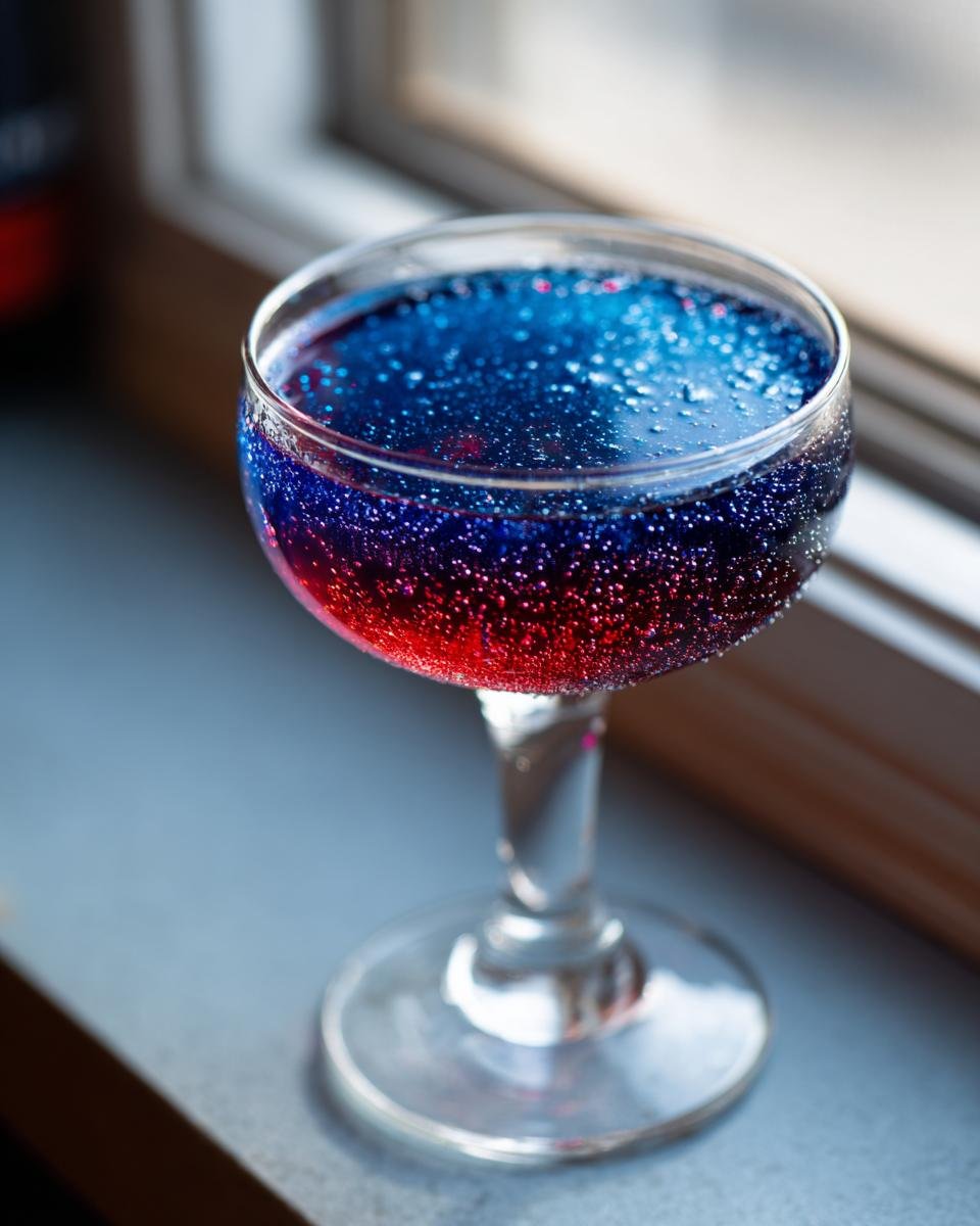 Close-up of a vibrant, layered Love Potion 9 Cocktail showing red and blue liquid with intense carbonation.
