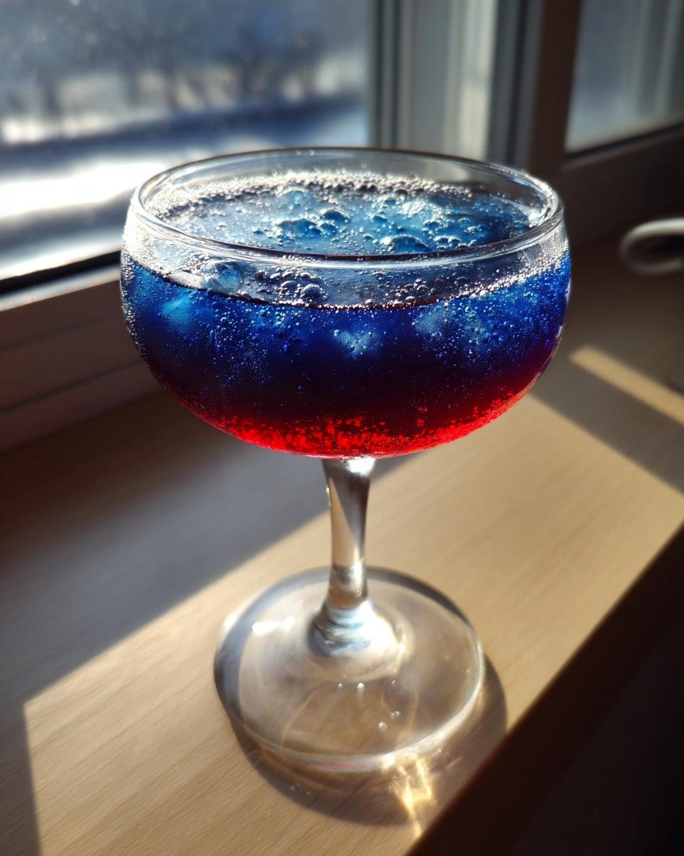 A striking Love Potion 9 Cocktail showing vibrant red liquid layered beneath bright blue, bubbly liquid in a stemmed glass.