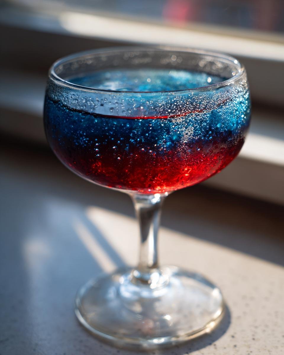 A close-up of a Love Potion 9 Cocktail showing distinct red and blue layers with visible carbonation bubbles.
