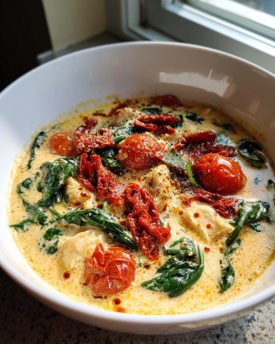 Close-up of a bowl of creamy Marry Me Chicken Soup, featuring chicken pieces, wilted spinach, roasted tomatoes, and sun-dried tomatoes.