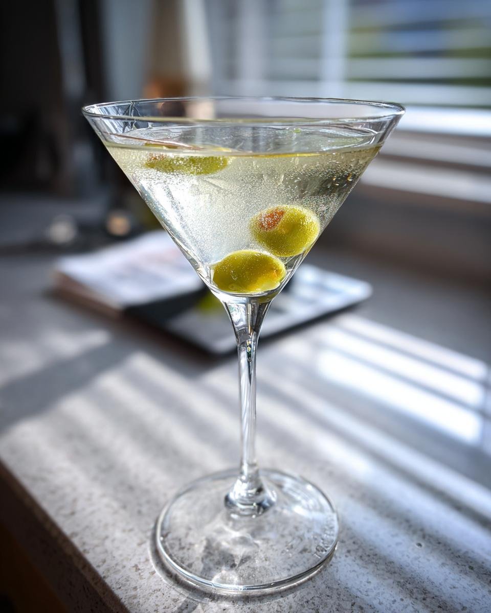 A clear, chilled martini glass filled with a Vodka Cocktails mixture and garnished with three green olives.