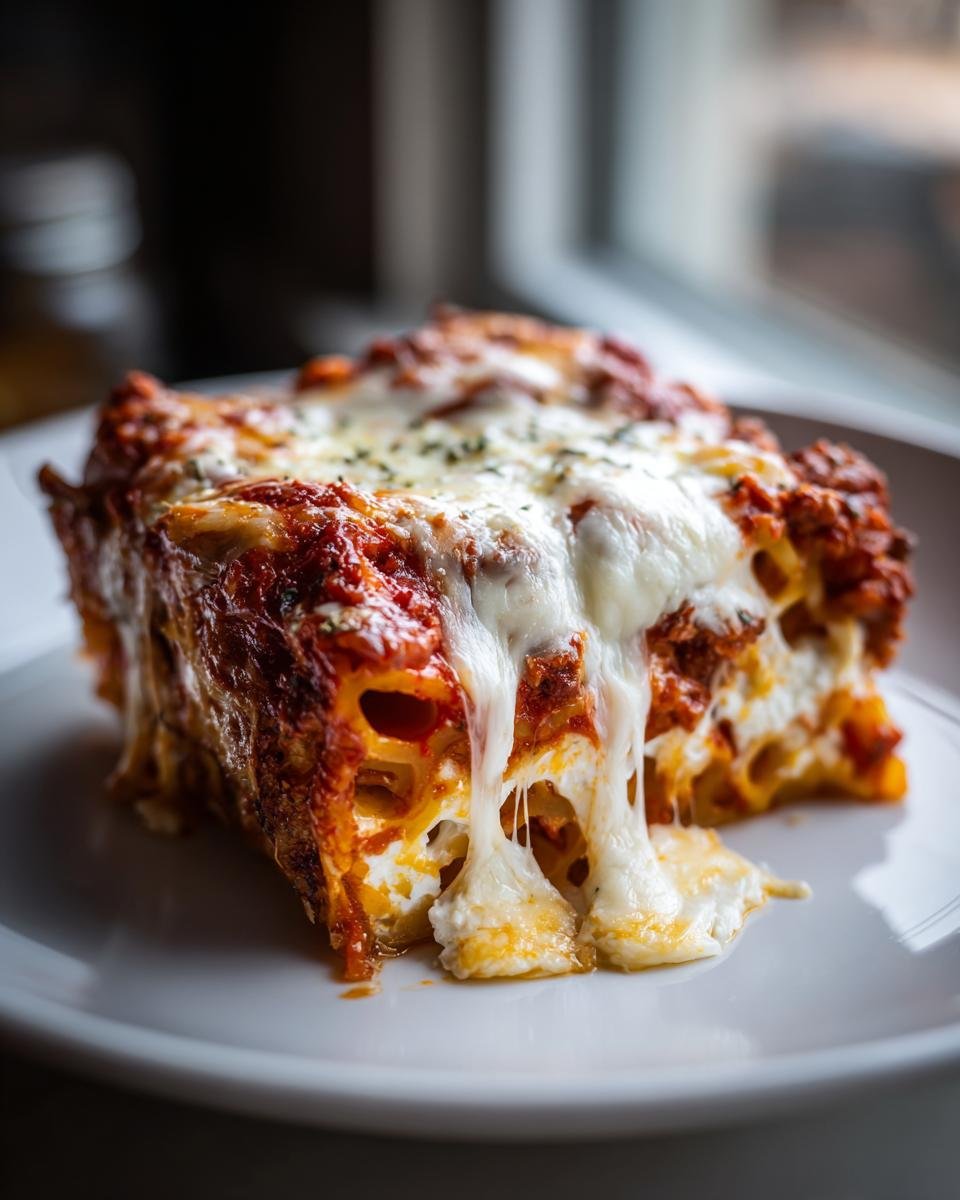 A close-up of a square serving of Million Dollar Baked Ziti with extremely cheesy, stretchy mozzarella cheese.