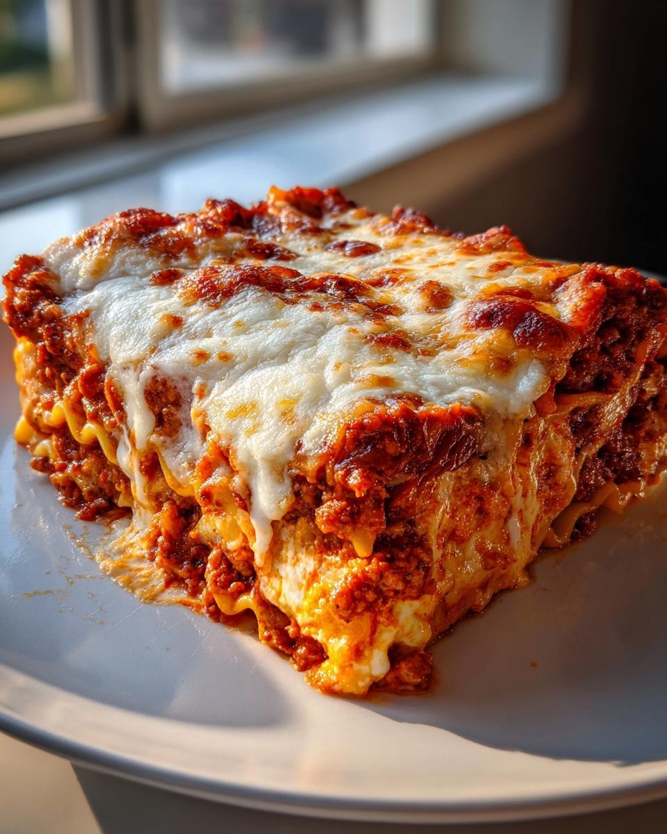 A thick, cheesy slice of Million Dollar Baked Ziti with rich meat sauce, perfectly baked.