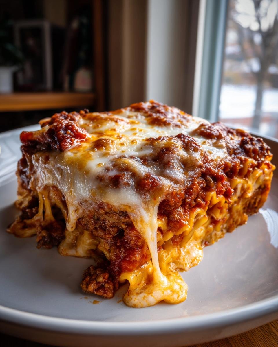 Close-up of a gooey, cheesy slice of Million Dollar Baked Ziti dripping with melted mozzarella and rich meat sauce.