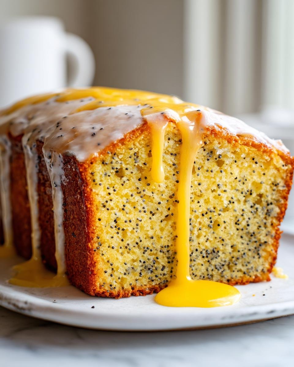 Close-up of moist Lemon Poppy Seed Bread loaf with a thick white glaze and bright yellow lemon drizzle running down the side.