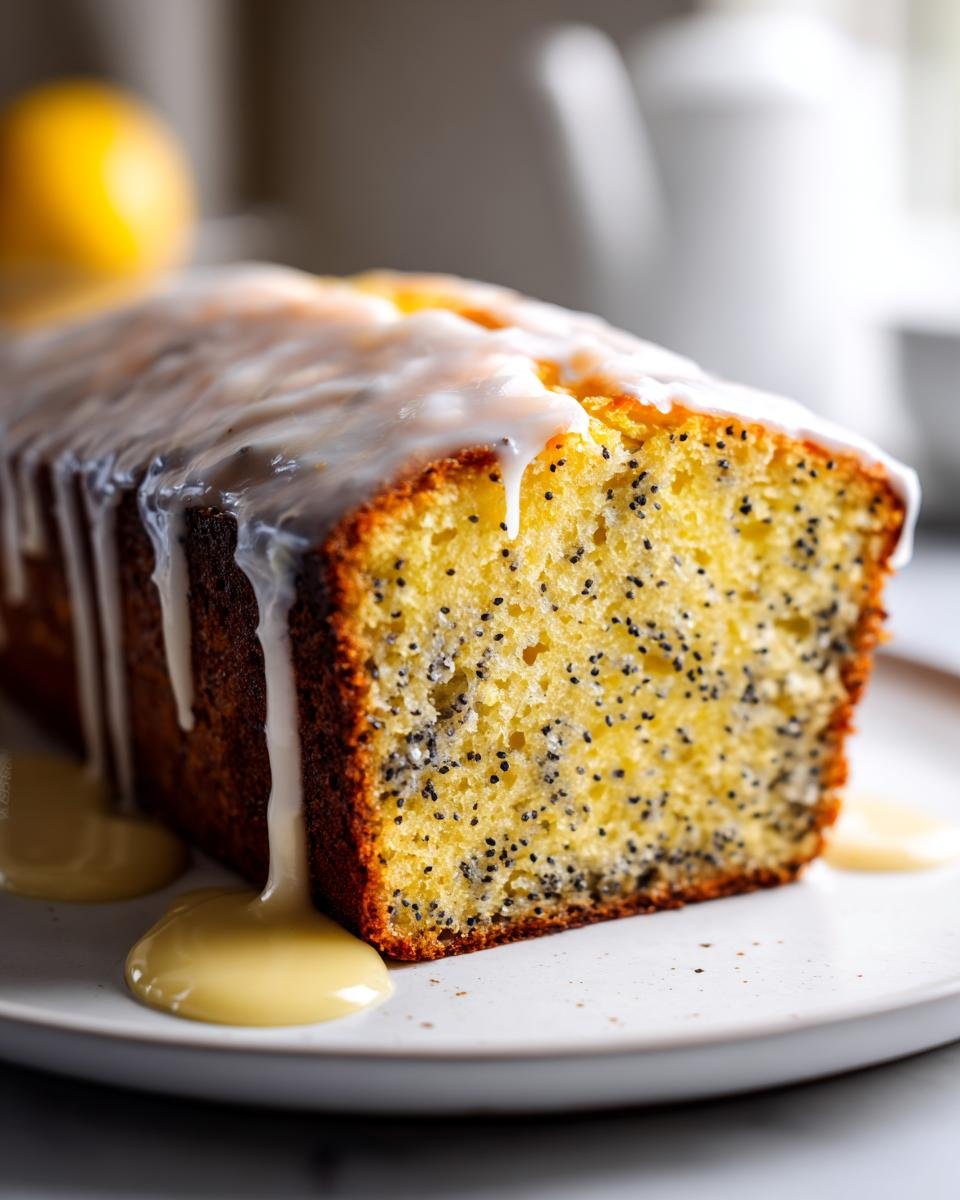 Close-up of a slice of moist Lemon Poppy Seed Bread topped with a thick white glaze dripping onto the plate.