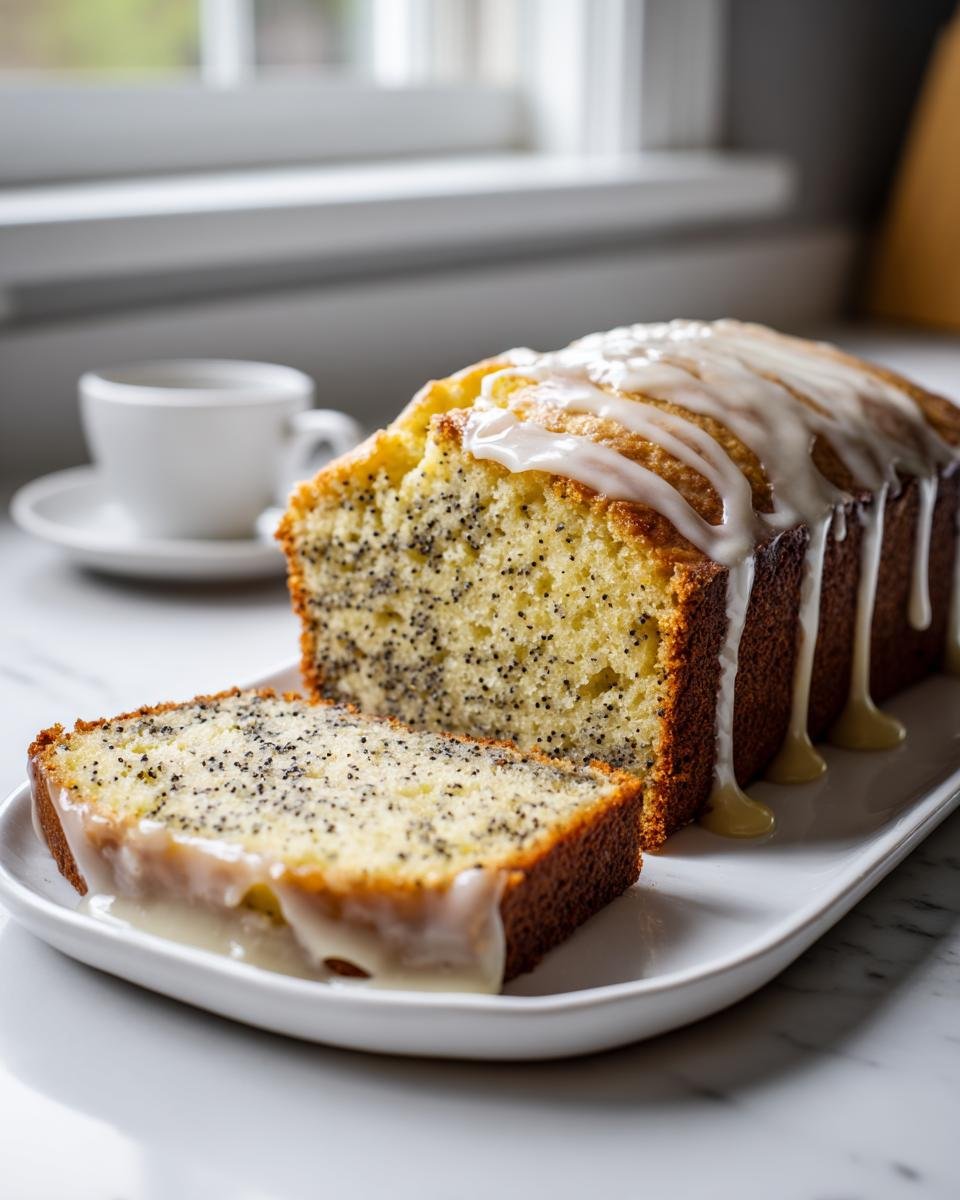 A sliced loaf of moist Lemon Poppy Seed Bread drizzled generously with a white lemon glaze, served on a white platter.