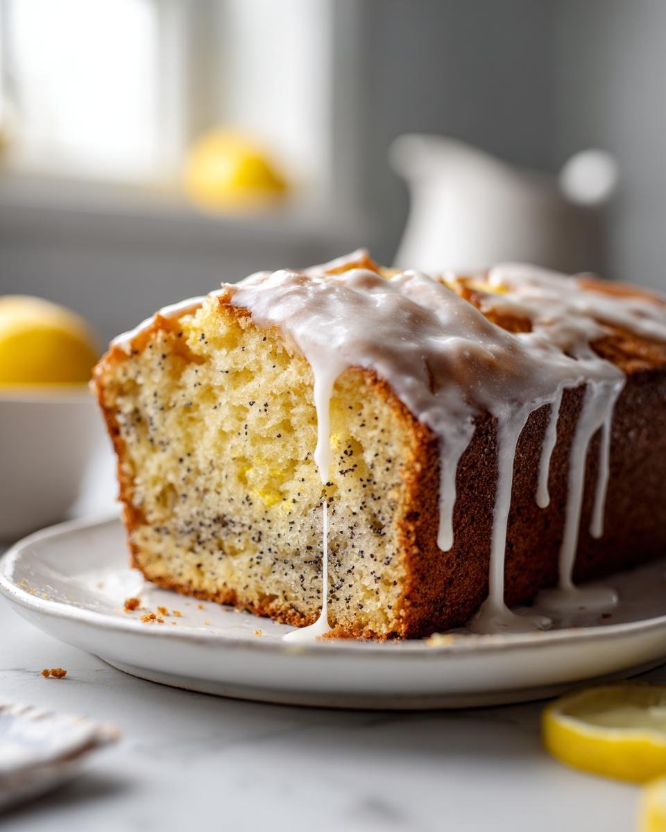 A close-up of a moist slice of Lemon Poppy Seed Bread topped with thick white lemon glaze dripping down the side.