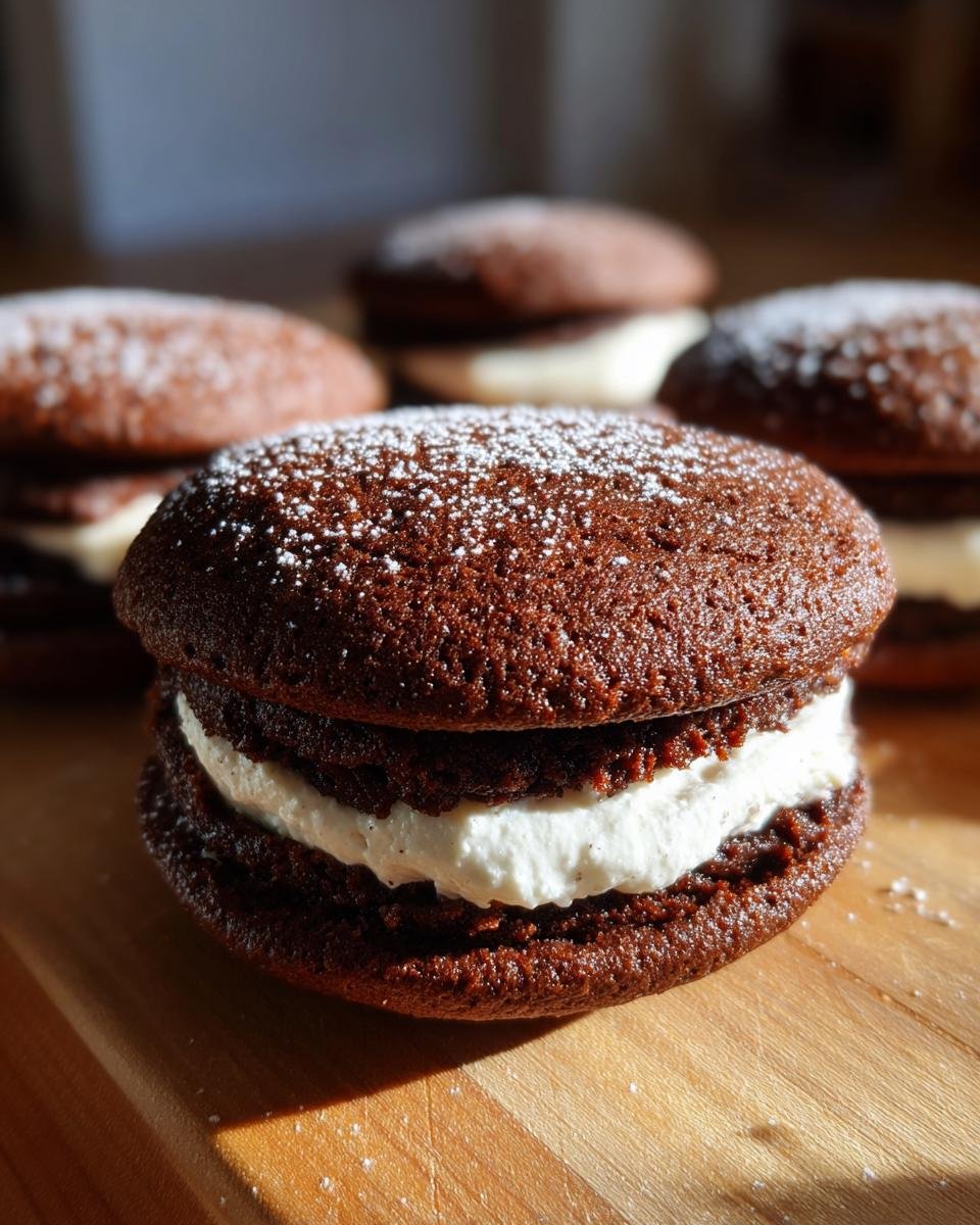 A close-up of a decadent Old Fashioned Whoopie Pie filled with white cream and dusted with powdered sugar.
