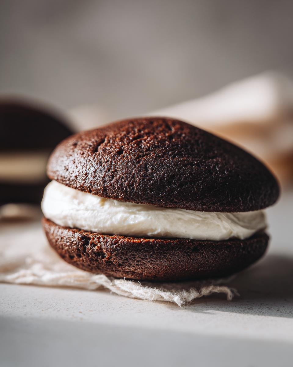 Close-up of a rich, dark chocolate Old Fashioned Whoopie Pies sandwich filled with thick white cream.