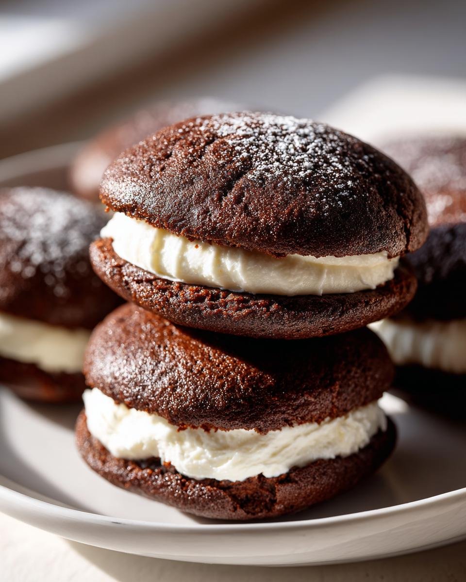 Two Old Fashioned Whoopie Pies stacked on a white plate, dusted with powdered sugar.