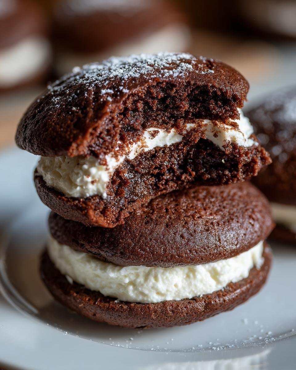 A stack of two rich, dark chocolate Old Fashioned Whoopie Pies filled with thick white cream, dusted with powdered sugar.