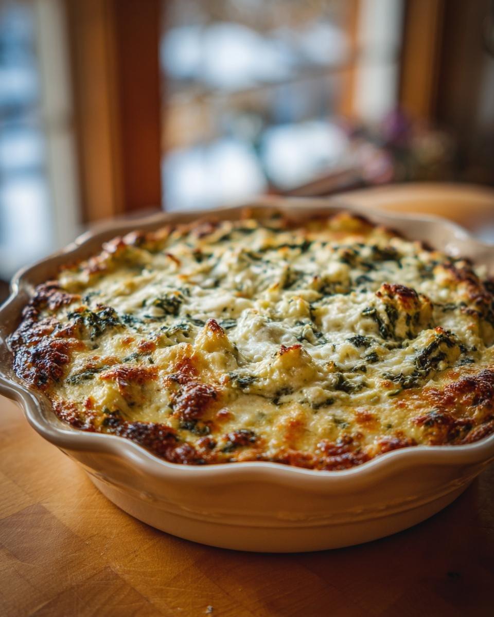A freshly baked Olive Garden Artichoke Spinach Dip with a golden-brown, bubbly cheese crust in a white ceramic dish.