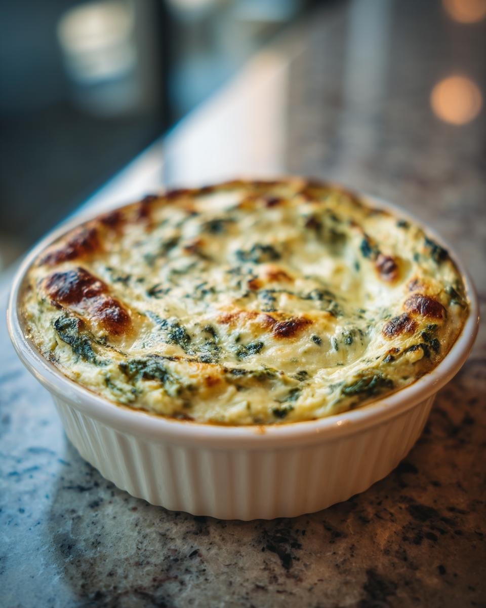 Close-up of a freshly baked Olive Garden Artichoke Spinach Dip, golden brown and bubbling in a white ramekin.
