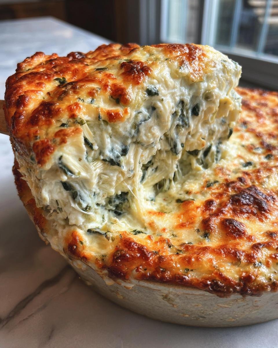A scoop of hot, cheesy Olive Garden Artichoke Spinach Dip showing long cheese pulls from the baking dish.