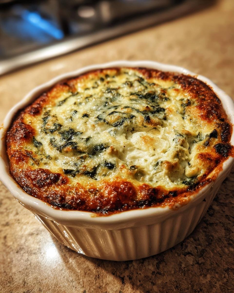 Close-up of hot, baked Olive Garden Artichoke Spinach Dip with a golden-brown, cheesy crust in a white ramekin.