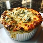 Close-up of hot, bubbly Olive Garden Artichoke Spinach Dip baked golden brown in a white ramekin.