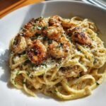 Close-up of creamy fettuccine pasta topped with grilled shrimp, Parmesan cheese, and parsley, resembling Olive Garden Chicken Scampi.