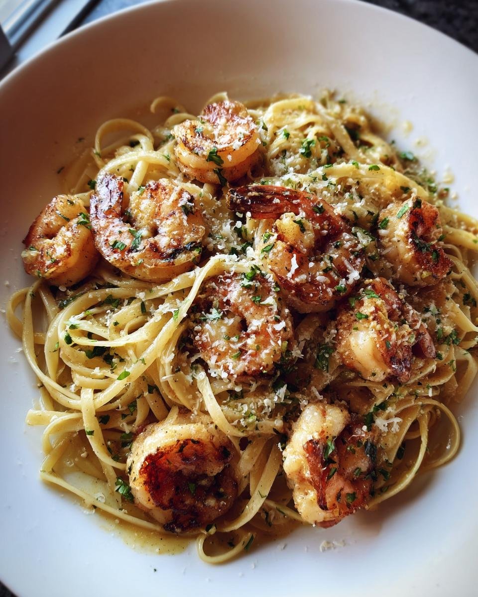 Close-up of linguine pasta topped with seared shrimp, garlic butter sauce, Parmesan, and parsley, resembling Olive Garden Chicken Scampi.