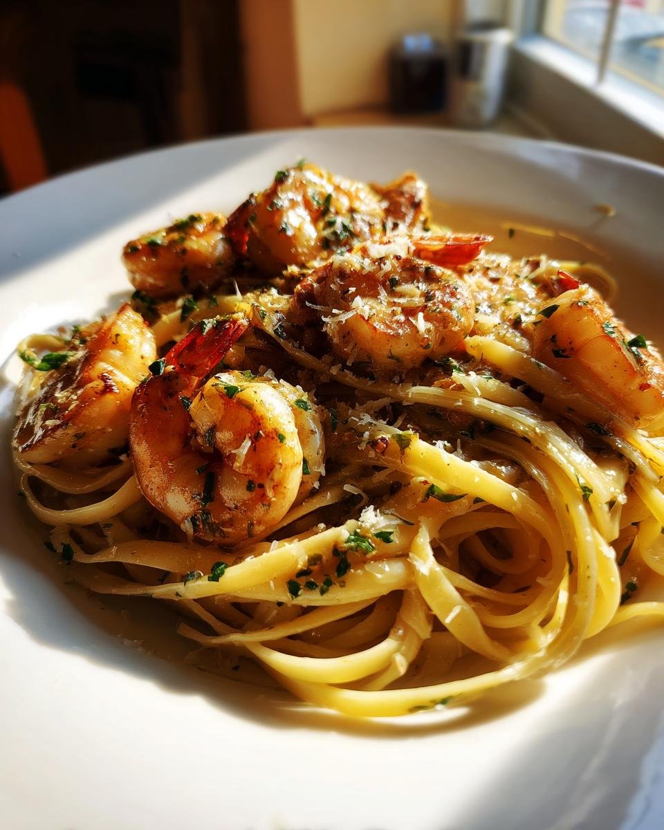 Close-up of pasta topped with saut&eacute;ed shrimp, herbs, and Parmesan, resembling Olive Garden Chicken Scampi.