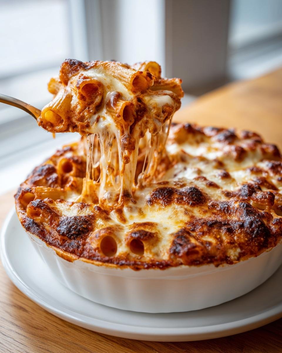 A spoonful of Olive Garden Five Cheese Ziti Al Forno showing a dramatic cheese pull over the baked pasta dish.