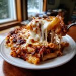 A fork lifts a cheesy portion of baked Olive Garden Five Cheese Ziti Al Forno, showing long cheese pulls.