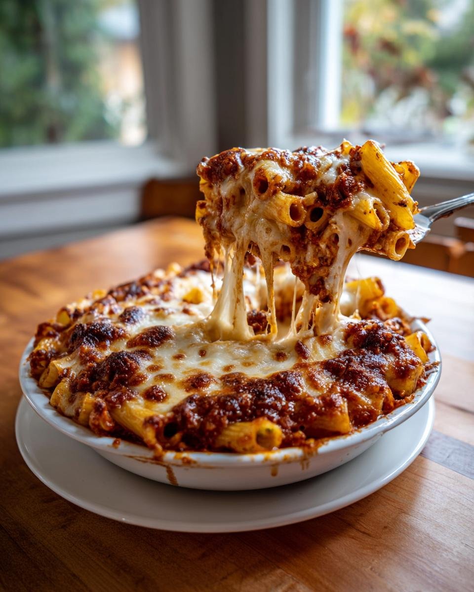 A fork lifts a portion of Olive Garden Five Cheese Ziti Al Forno, showing extreme cheese pull over baked pasta and meat sauce.