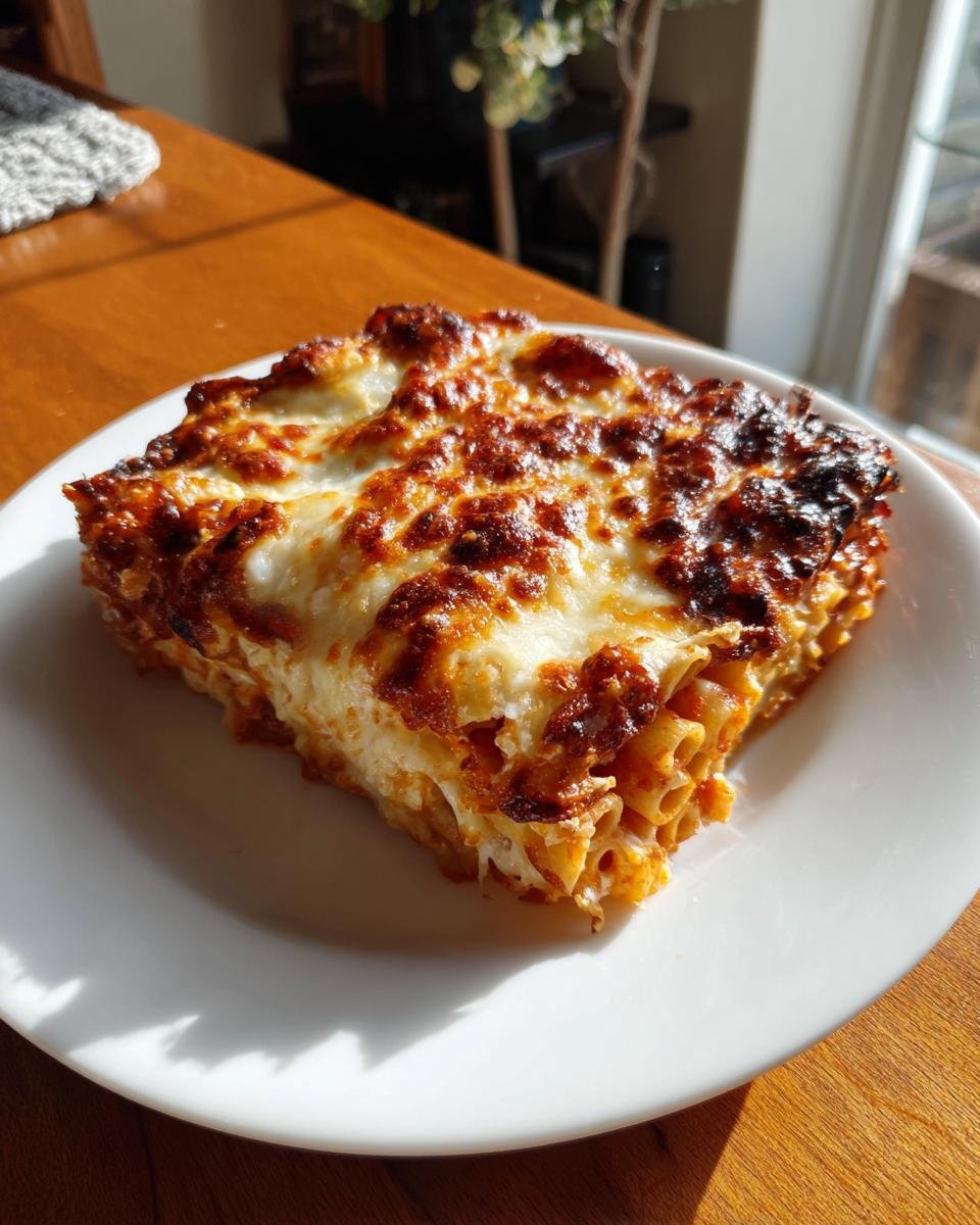 A square serving of baked pasta with a bubbly, browned cheese topping, resembling Olive Garden Five Cheese Ziti Al Forno.