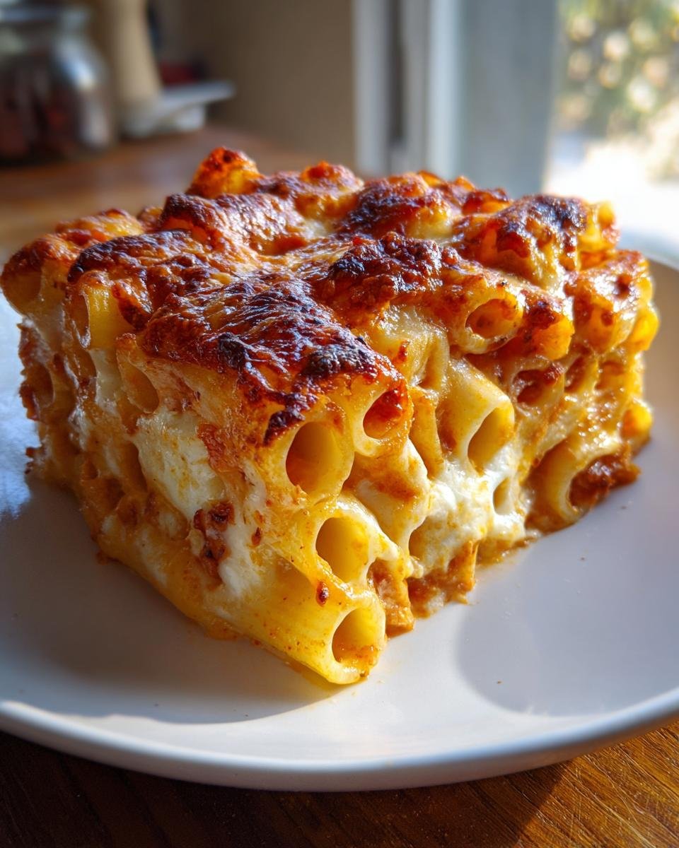 A close-up of a baked serving of Olive Garden Five Cheese Ziti Al Forno with a golden, bubbly cheese crust.