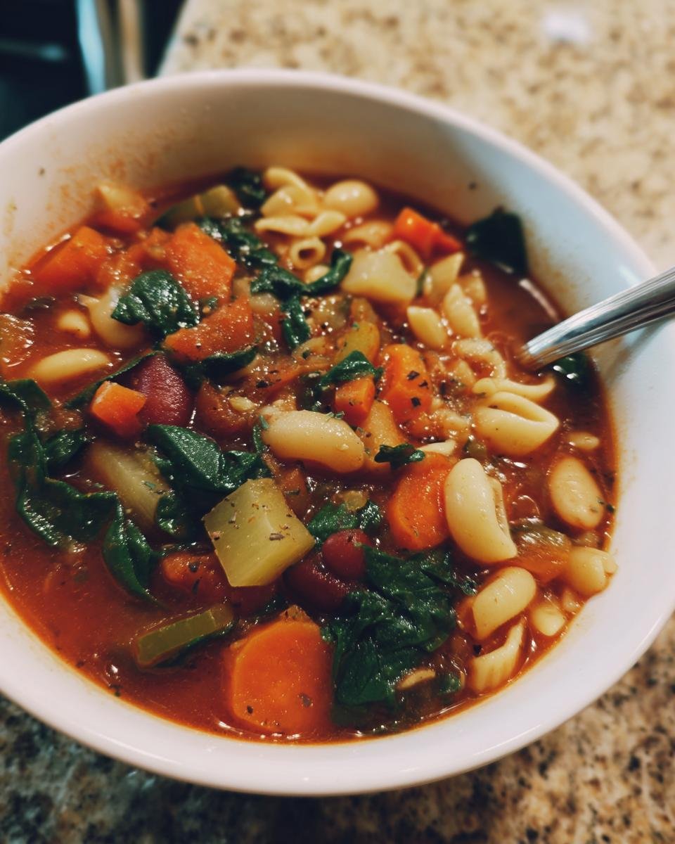 Close-up of a white bowl filled with hearty Olive Garden Minestrone Soup featuring pasta, carrots, beans, and spinach.