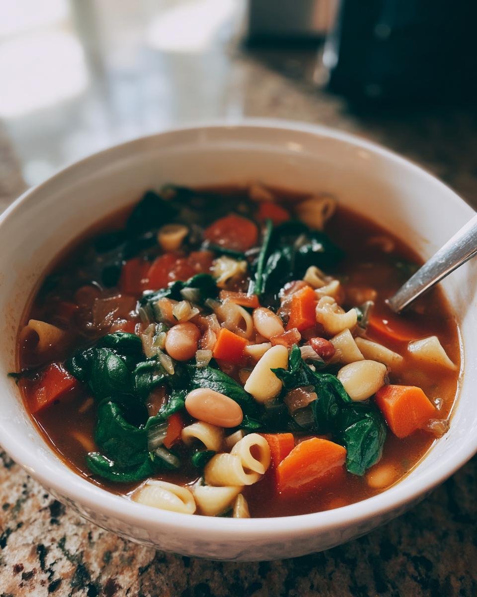 Close-up of a white bowl filled with homemade Olive Garden Minestrone Soup, featuring spinach, carrots, beans, and pasta.