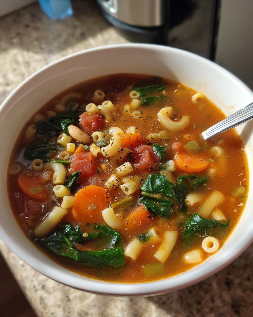 Close-up of a white bowl filled with homemade Olive Garden Minestrone Soup, featuring elbow macaroni, carrots, spinach, and tomatoes.