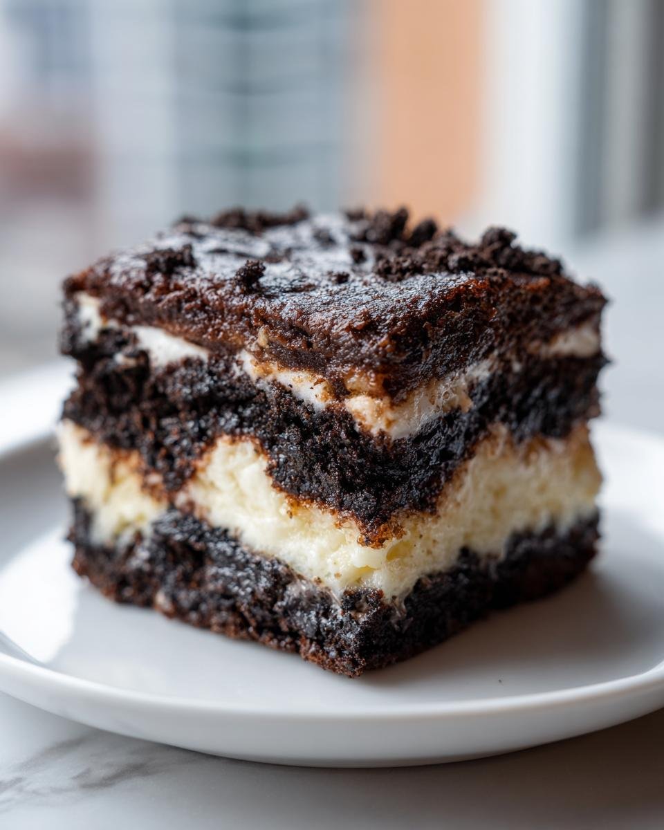 A close-up of a square slice of Oreo Dump Cake showing rich dark chocolate layers alternating with creamy white filling.