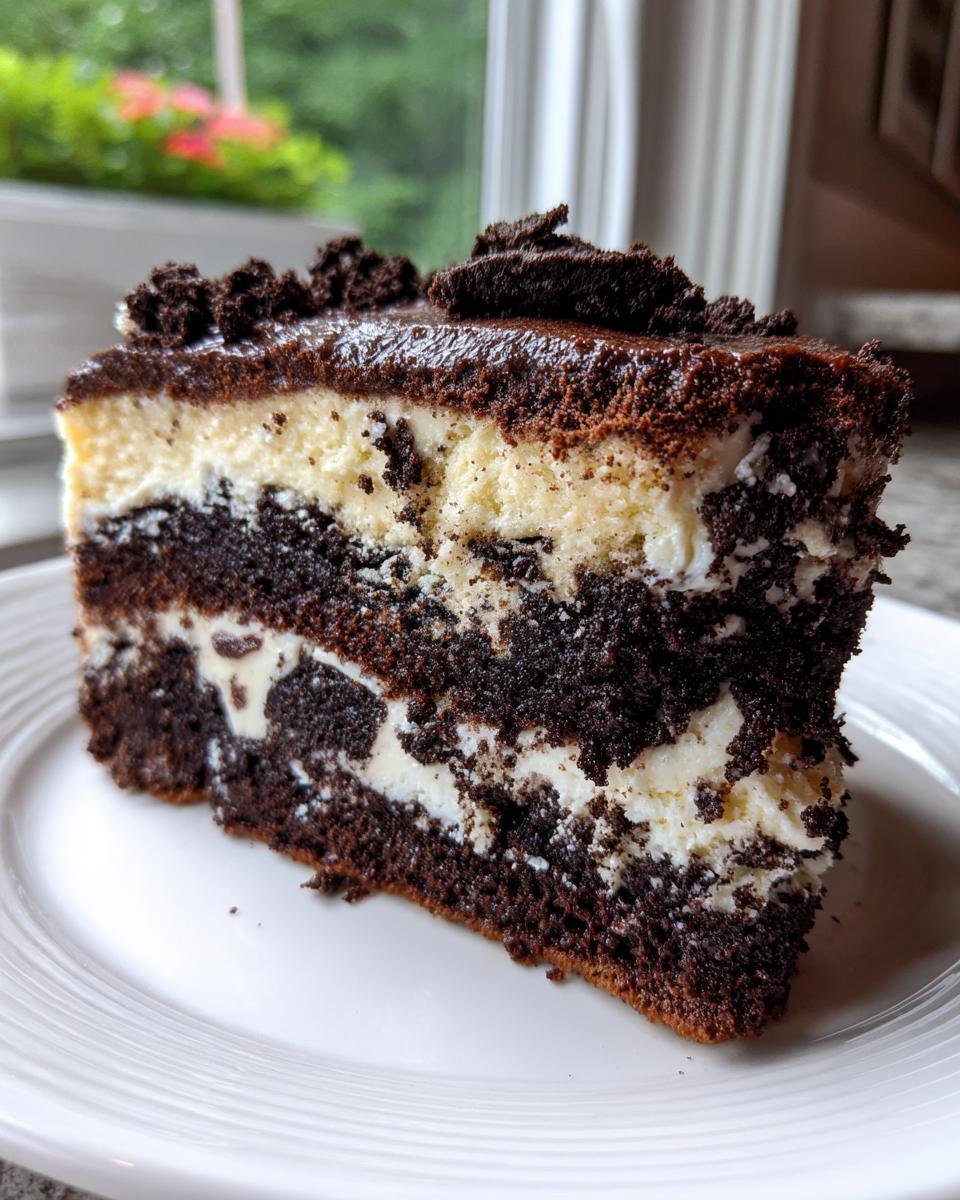 A decadent slice of Oreo Dump Cake showing dark chocolate layers and creamy white filling, topped with chocolate crumbs.