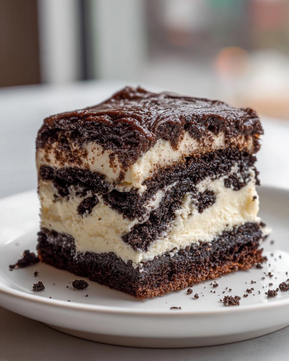 Close-up of a rich, layered slice of Oreo Dump Cake featuring dark chocolate cake, white cream filling, and chocolate topping.