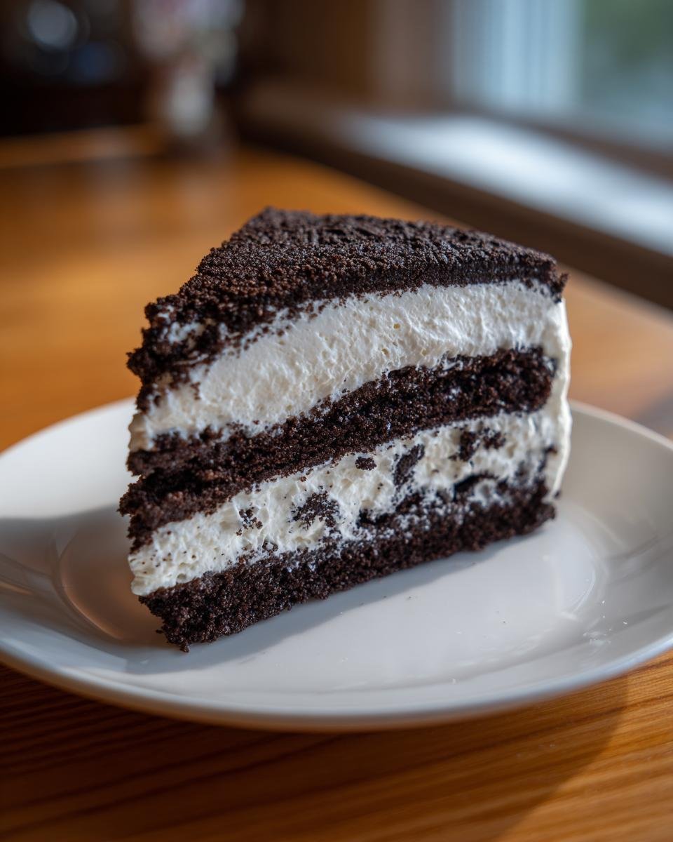 A tall slice of Oreo Icebox Cake with alternating dark chocolate layers and white cream filling on a white plate.