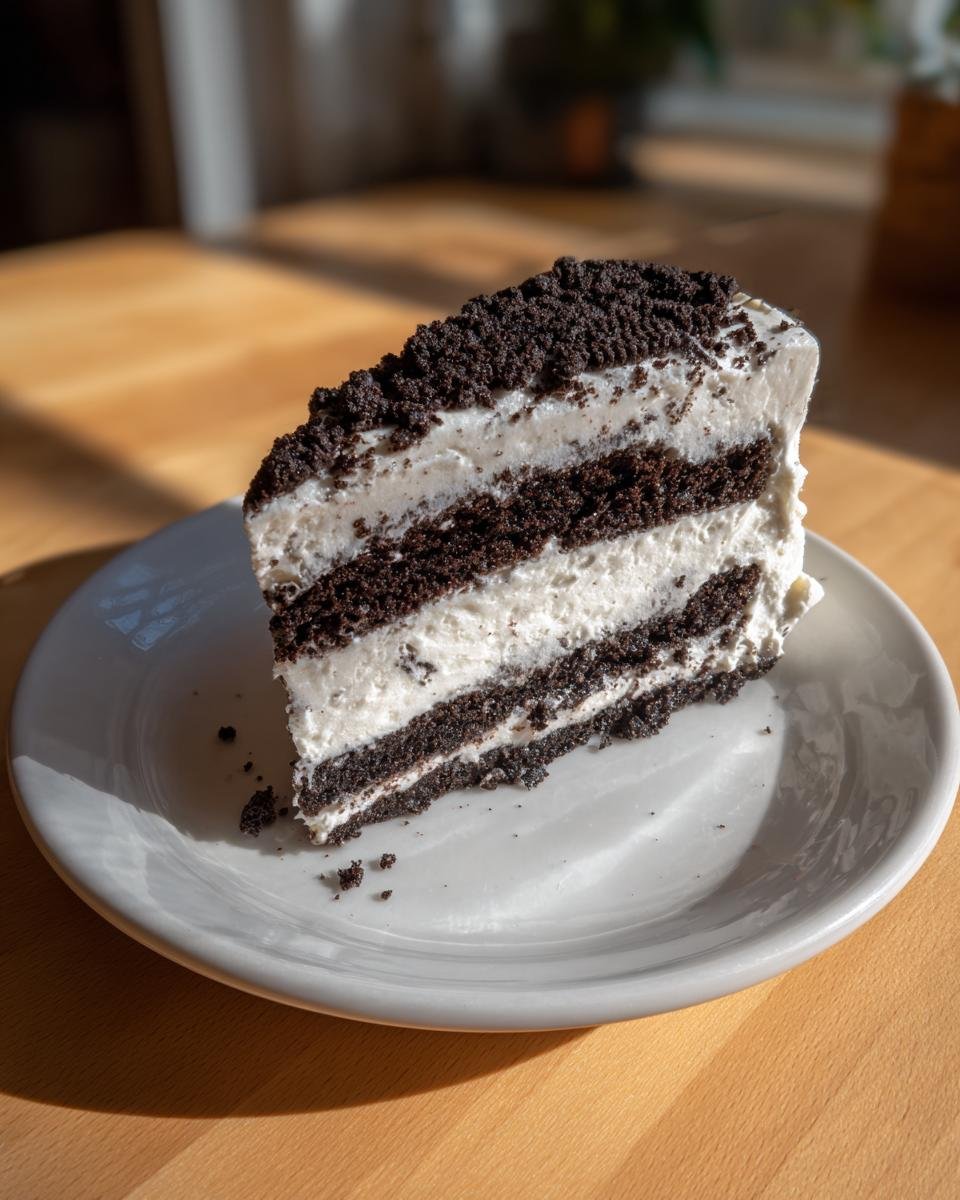 A tempting slice of Oreo Icebox Cake showing layers of dark chocolate cookies and white cream filling, topped with crumbs.
