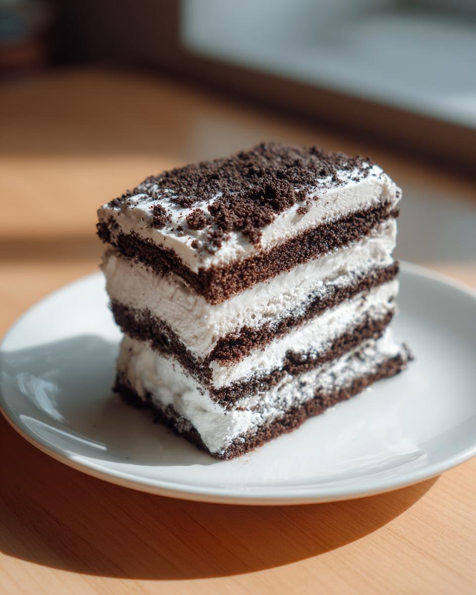 A tall slice of Oreo Icebox Cake with alternating layers of dark chocolate wafers and white cream, topped with cookie crumbs.
