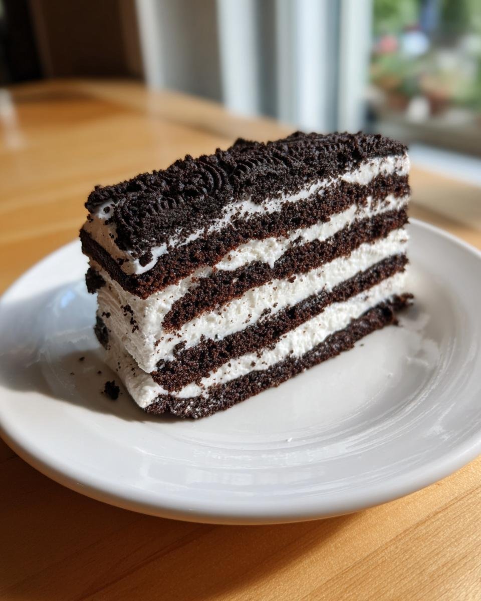 A tall slice of Oreo Icebox Cake showing alternating dark chocolate wafers and white cream, topped with cookie crumbs.