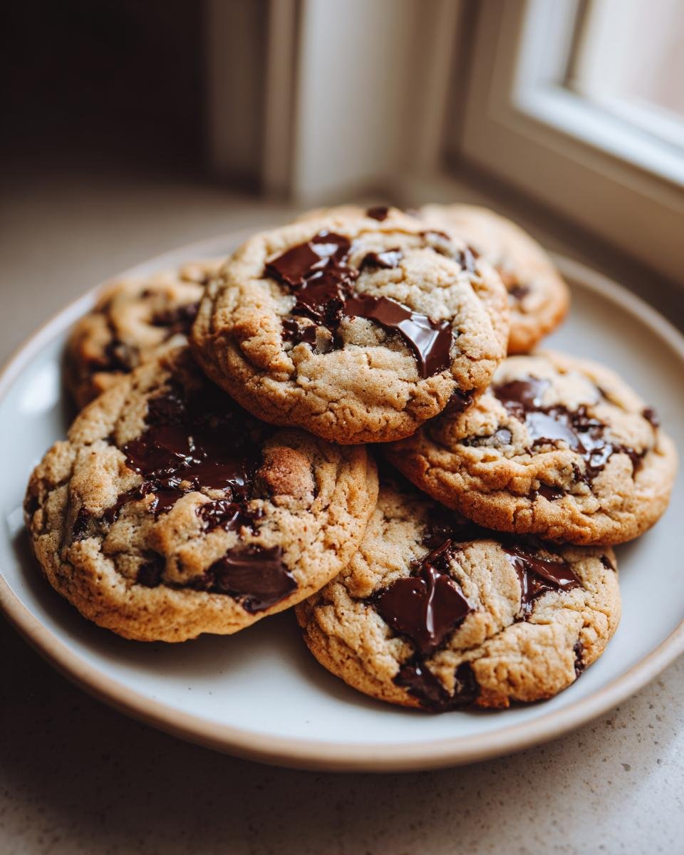 A stack of freshly baked Original Nestle Toll House Chocolate Chip Cookies with melted chocolate chunks on a light plate.