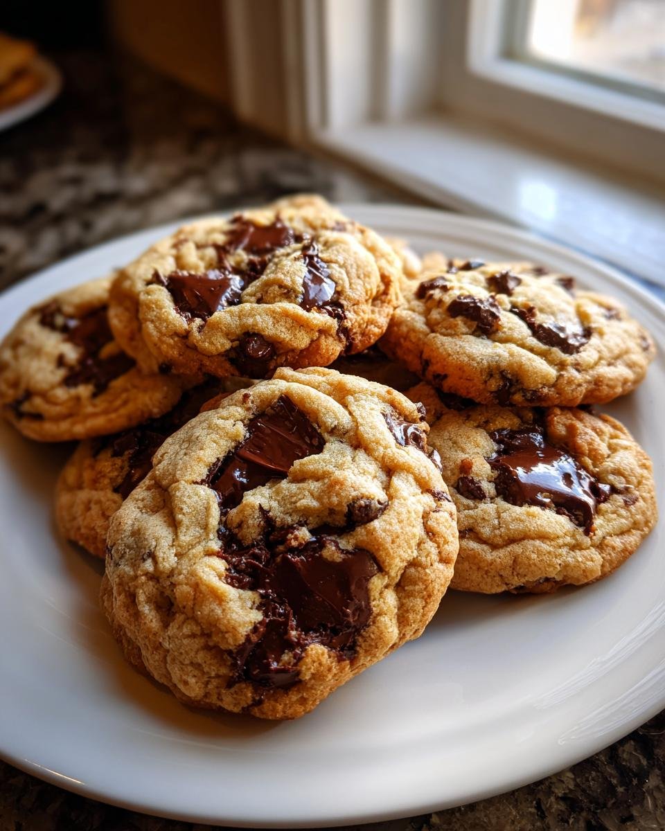 A stack of warm, gooey Original Nestle Toll House Chocolate Chip Cookies piled on a white plate near a window.
