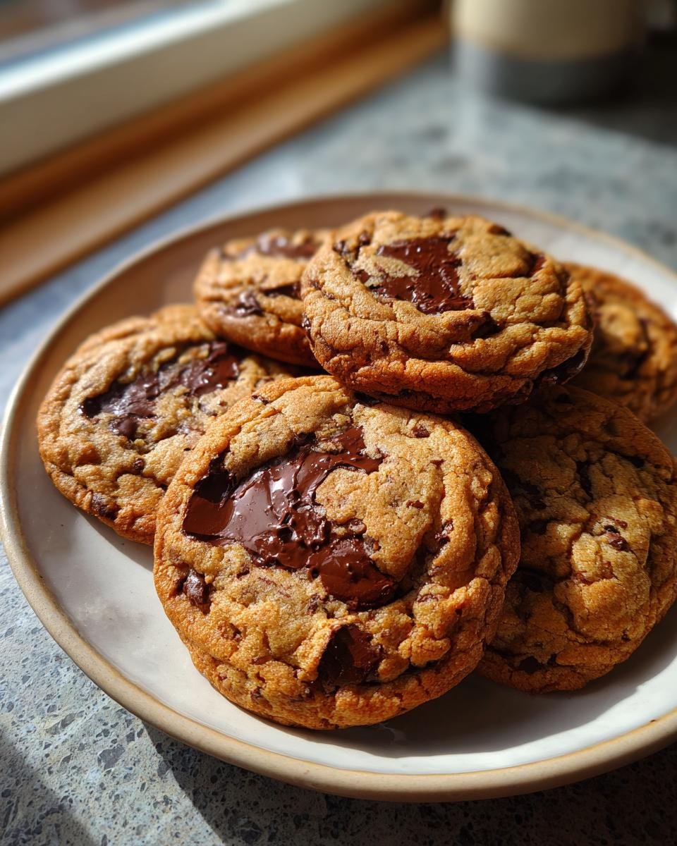A stack of warm, gooey Original Nestle Toll House Chocolate Chip Cookies with melted chocolate chunks on a light plate.