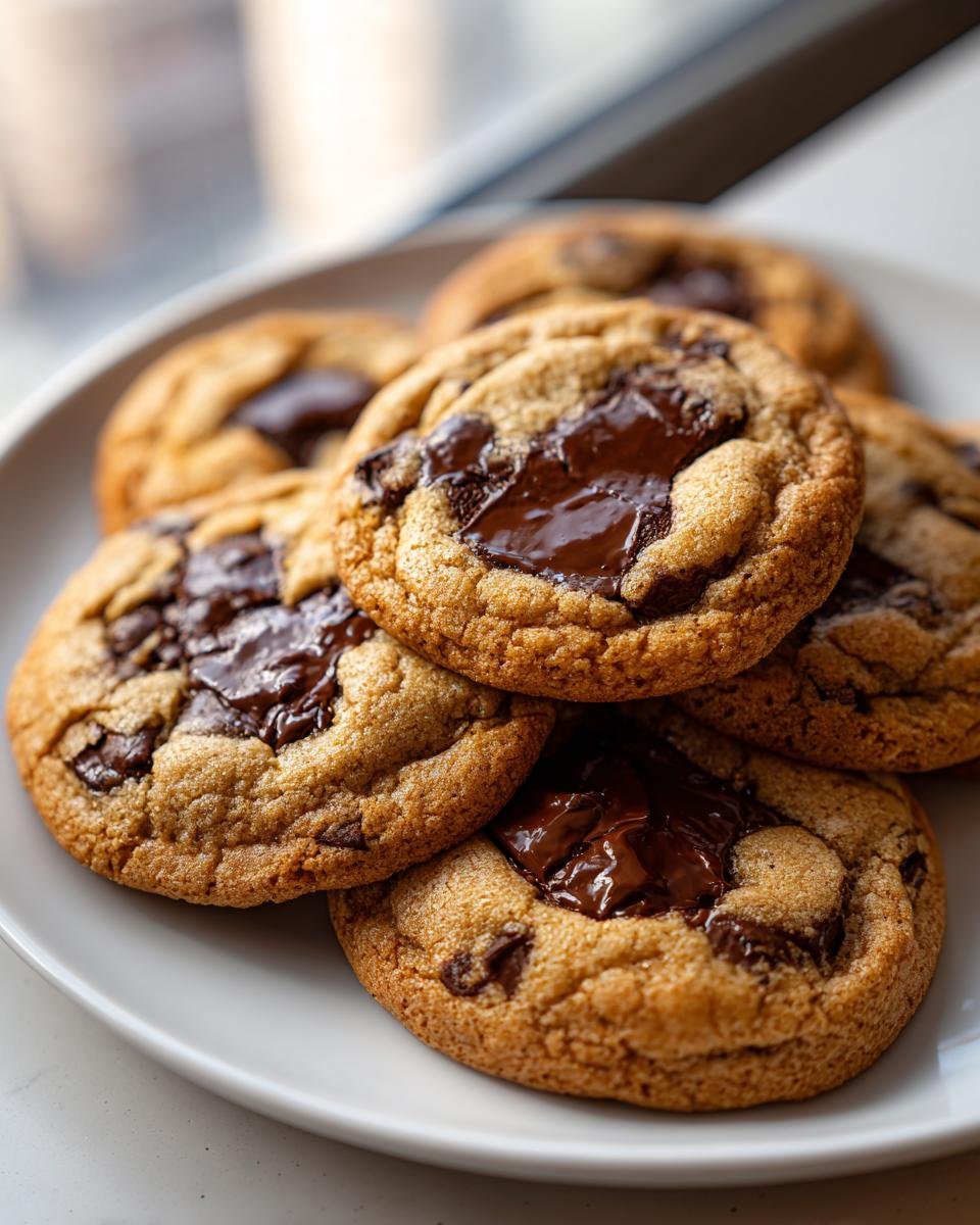 A stack of freshly baked Original Nestle Toll House Cookies featuring gooey, melted chocolate chips on a white plate.
