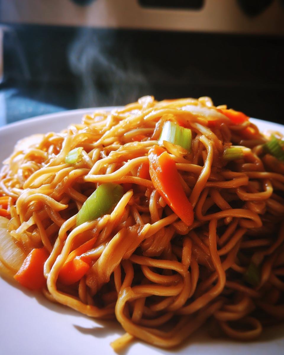Close-up of hot, steaming Panda Express Chow Mein noodles mixed with carrots and celery on a white plate.